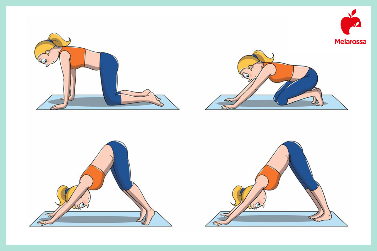 Hatha Yoga: che cos'è, benefici, posizioni e costi delle lezioni 2 Illustrazione hatha-yoga Adho Mukha Svanasana posizione cane a testa in giù con bacino sollevato.