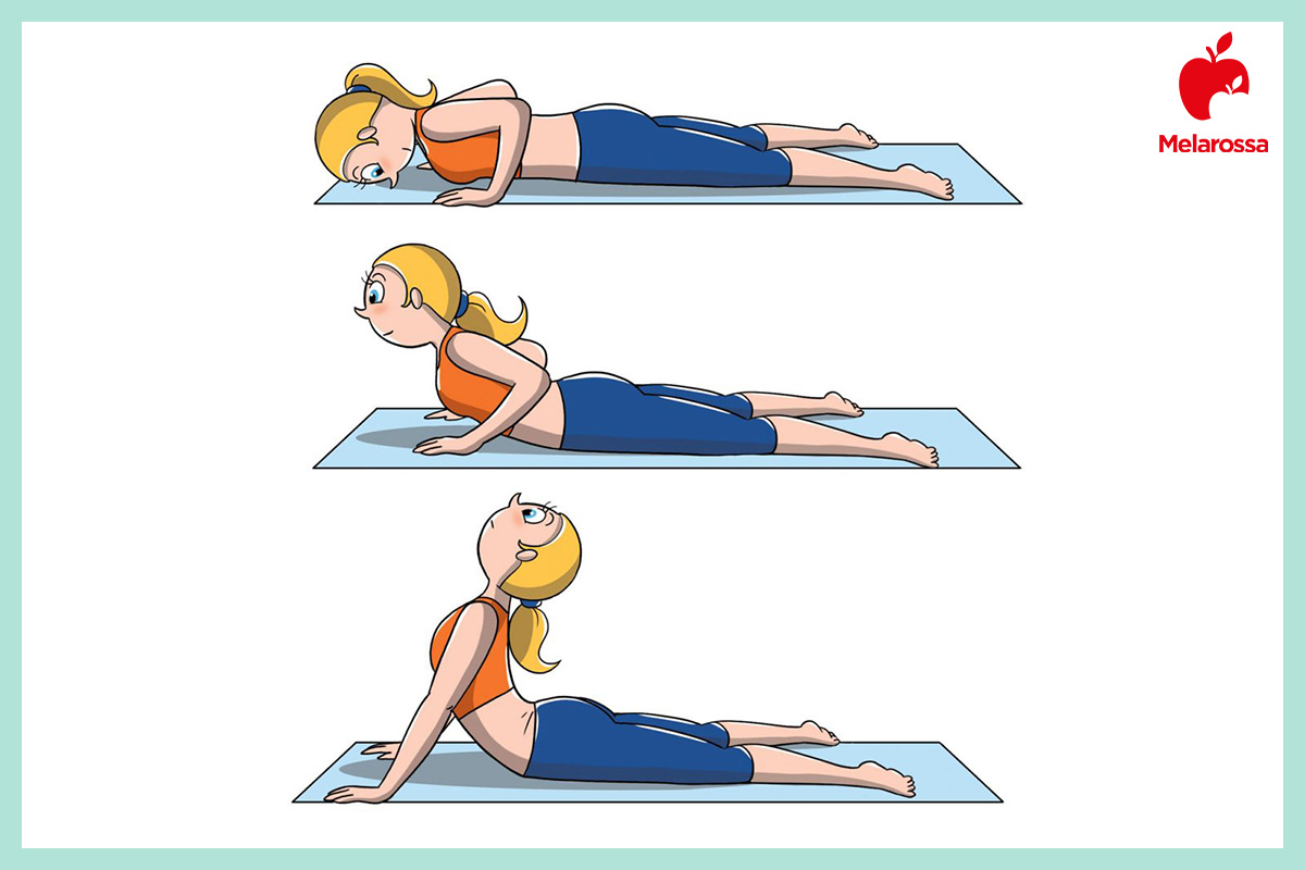 Hatha Yoga: che cos'è, benefici, posizioni e costi delle lezioni 3 Illustrazione hatha-yoga Bhujangasana posizione del cobra estensione schiena con appoggio delle mani.