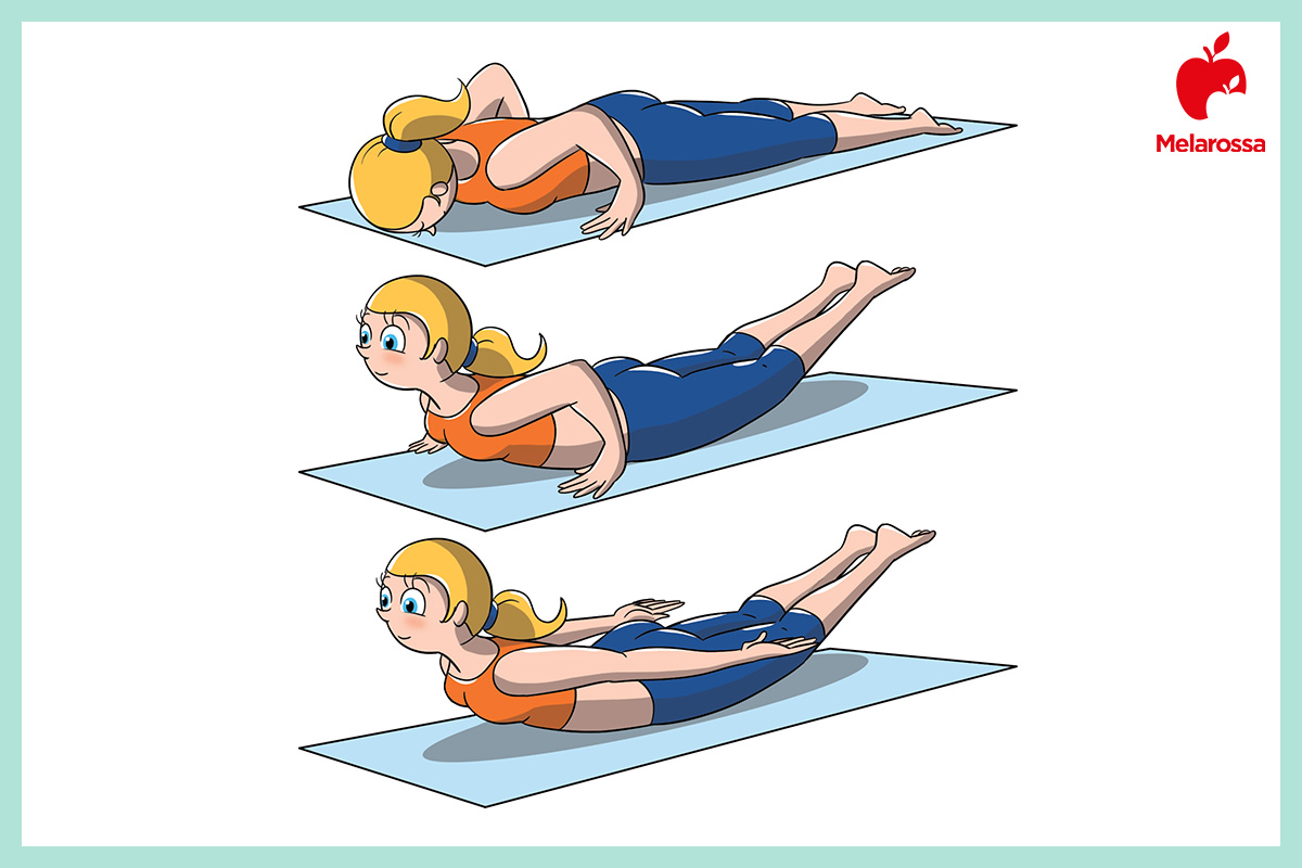 Hatha Yoga: che cos'è, benefici, posizioni e costi delle lezioni 6 Illustrazione hatha-yoga posizione della locusta sollevamento gambe e torace da terra su tappetino.