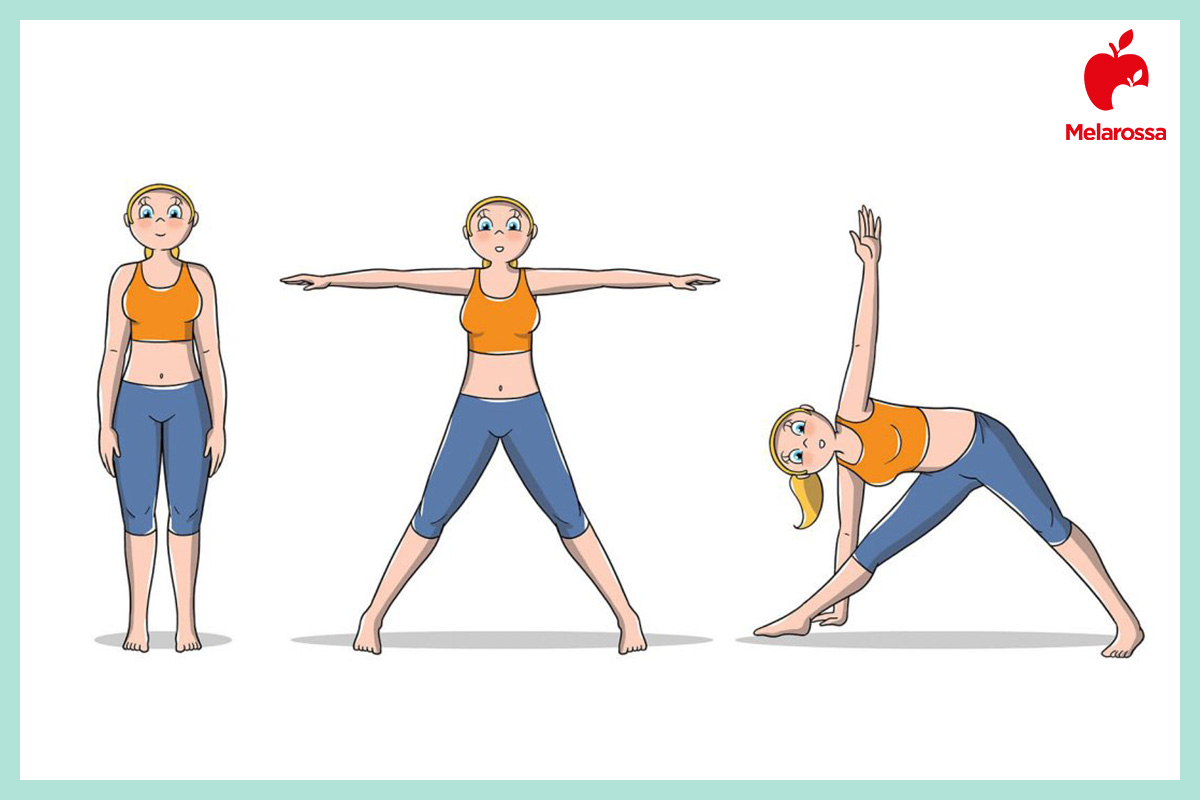 Hatha Yoga: che cos'è, benefici, posizioni e costi delle lezioni 4 Illustrazione hatha-yoga Trikonasana posizione del triangolo con inclinazione laterale e braccia aperte.