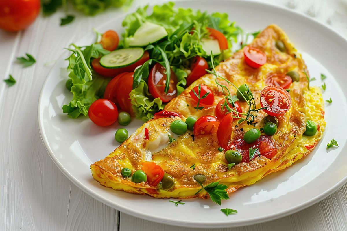 Piatti unici: le ricette veloci, vegetariane, estive e invernali 4 Una omelette di cipolle servita su un piatto bianco con pomodorini