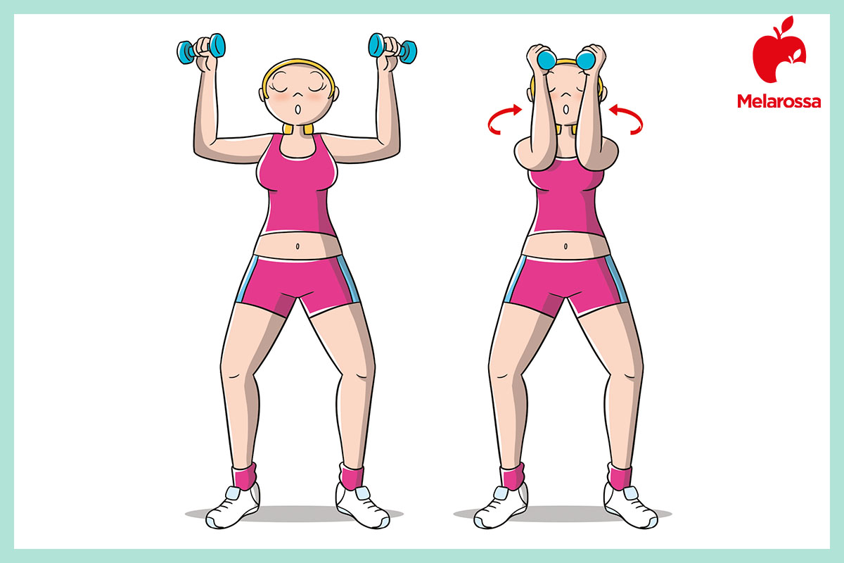 Riscaldamento muscolare: che cos'è, i benefici e gli esercizi da fare 6 Illustrazione che mostra come eseguire l'esercizio di chest press per il riscaldamento muscolare.