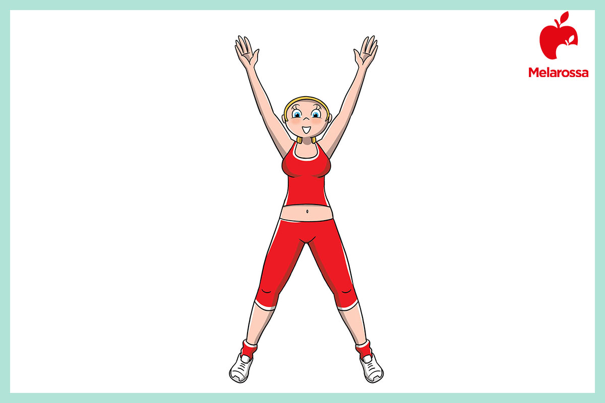 Riscaldamento muscolare: che cos'è, i benefici e gli esercizi da fare 4 Illustrazione che mostra l'esecuzione dell'esercizio di riscaldamento muscolare cardio con jumping jack.