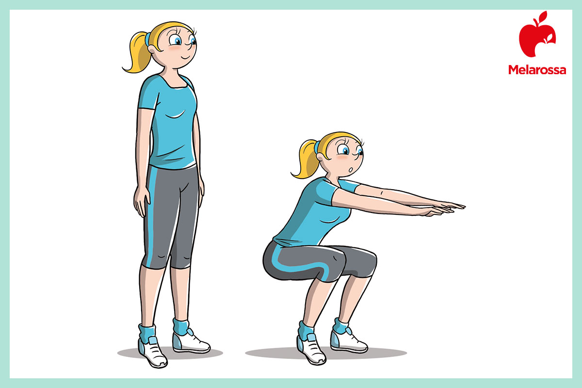 Riscaldamento muscolare: che cos'è, i benefici e gli esercizi da fare 5 Illustrazione che mostra come eseguire l'esercizio di squat per il riscaldamento muscolare.