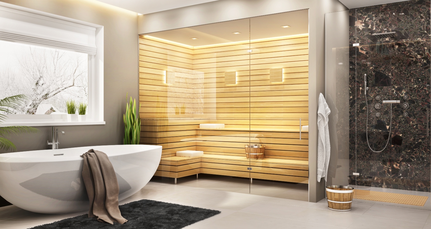 Sauna: che cos'è, a cosa serve, benefici e controindicazioni 1 in bagno, una sauna in casa vicino alla vasca da bagno