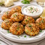Polpette di cavolfiore morbide: ricetta facile con foto 1 piatto bianco con alcune polpette di cavolfiore e ciotola di salsa bianca
