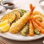 Tempura, la pastella speciale per i tuoi fritti 1 In primo piano su un piatto fondo chiaro c'è una tempura di verdure come zucchine, carote e cipolle e un gambero al centro. Sulla sinistra ci sono delle bacchette.