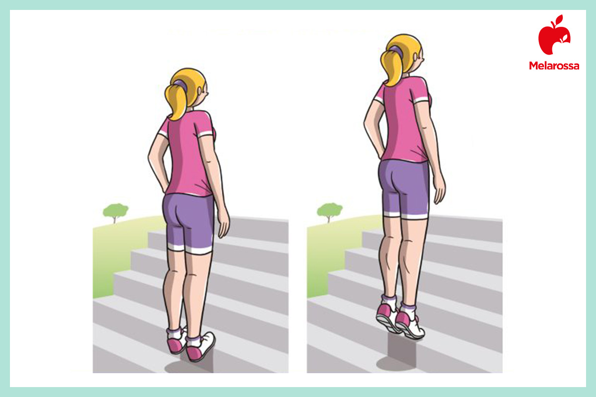 Allenamento funzionale: che cos'è, benefici, scheda di allenamento e esempi di esercizi di functional training 10 Grafica allenamento funzionale con donna che esegue esercizio per polpacci su gradino con sollevamento del tallone.