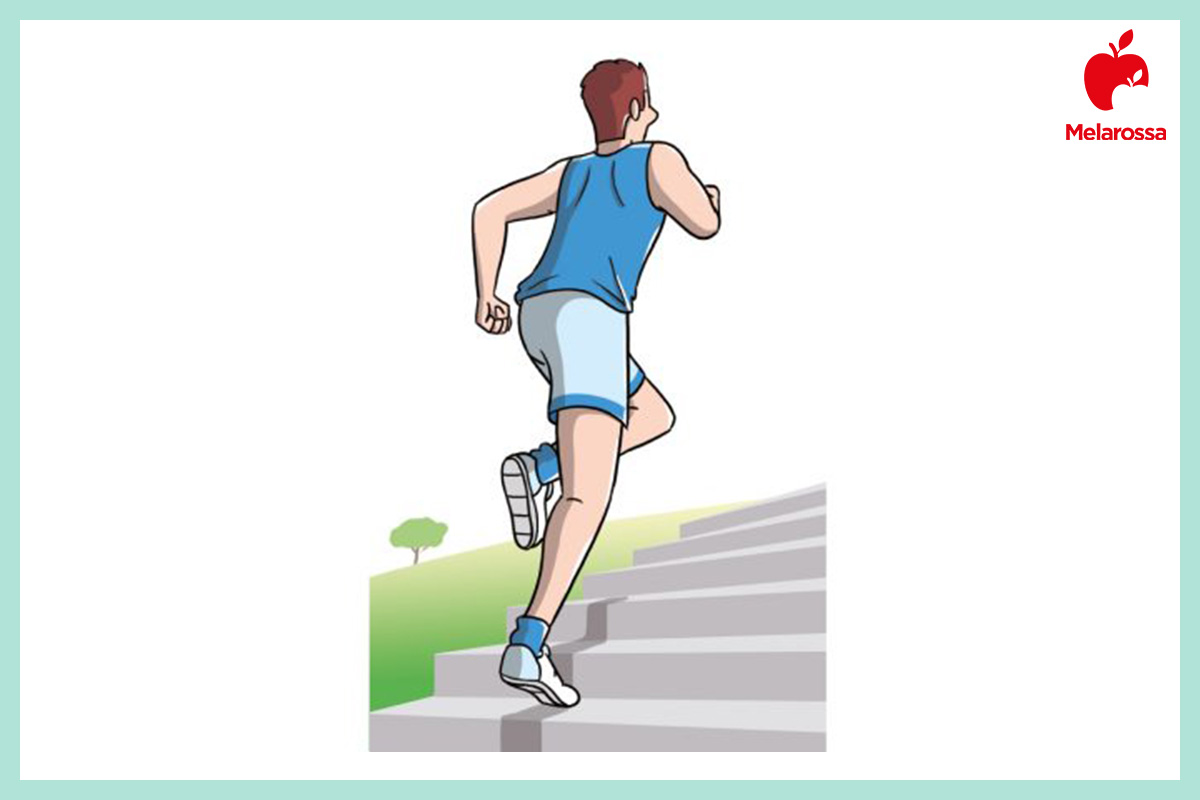 Allenamento funzionale: che cos'è, benefici, scheda di allenamento e esempi di esercizi di functional training 9 Grafica allenamento funzionale con uomo che sale le scale di corsa per esercizio aerobico e tonificazione muscolare.