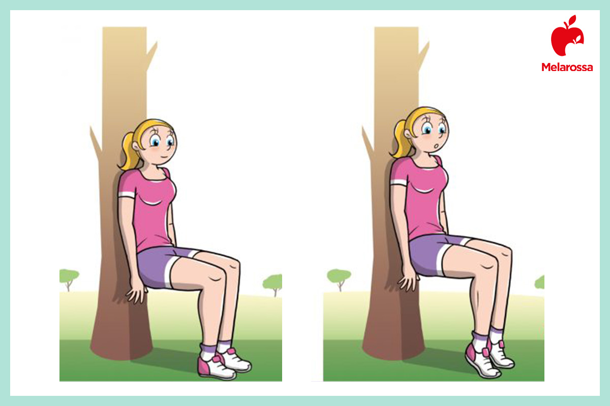 Allenamento funzionale: che cos'è, benefici, scheda di allenamento e esempi di esercizi di functional training 8 Grafica allenamento funzionale con donna che esegue esercizio della sedia appoggiata al tronco di un albero con gambe piegate a 90 gradi.