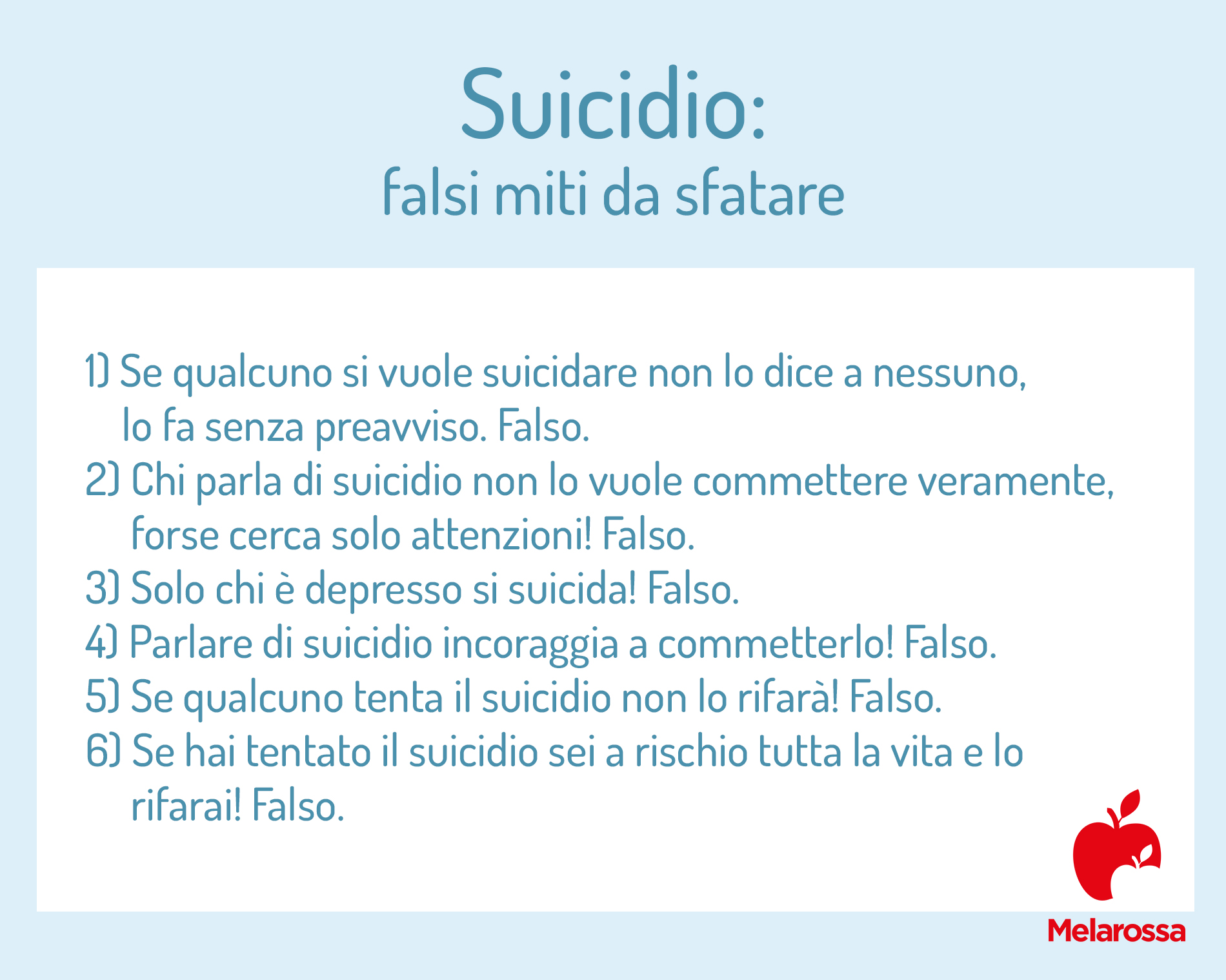 Suicidio: cause, numeri, segnali d'allarme, cosa fare per intervenire in tempo, prevenzione e terapia 6 suicidio: falsi miti da sfatare