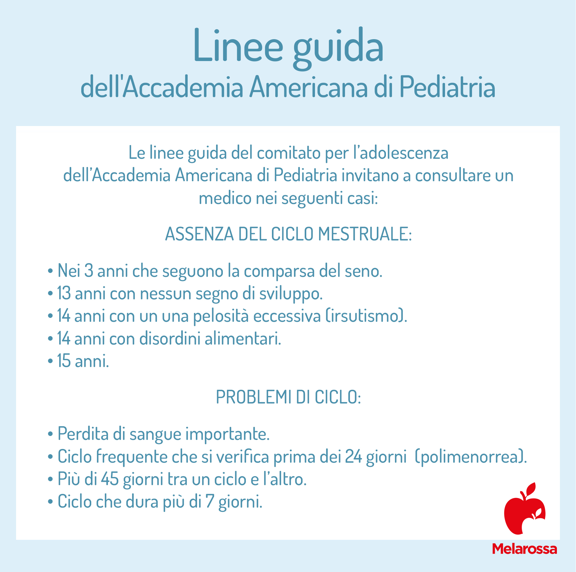 Ciclo mestruale nell'adolescenza o menarca: che cos'è, sintomi, età, pubertà precoce e tardiva 4 ciclo mestruale nell'adolescenza o menarca, linee guida dell'Academia America di Pediatria