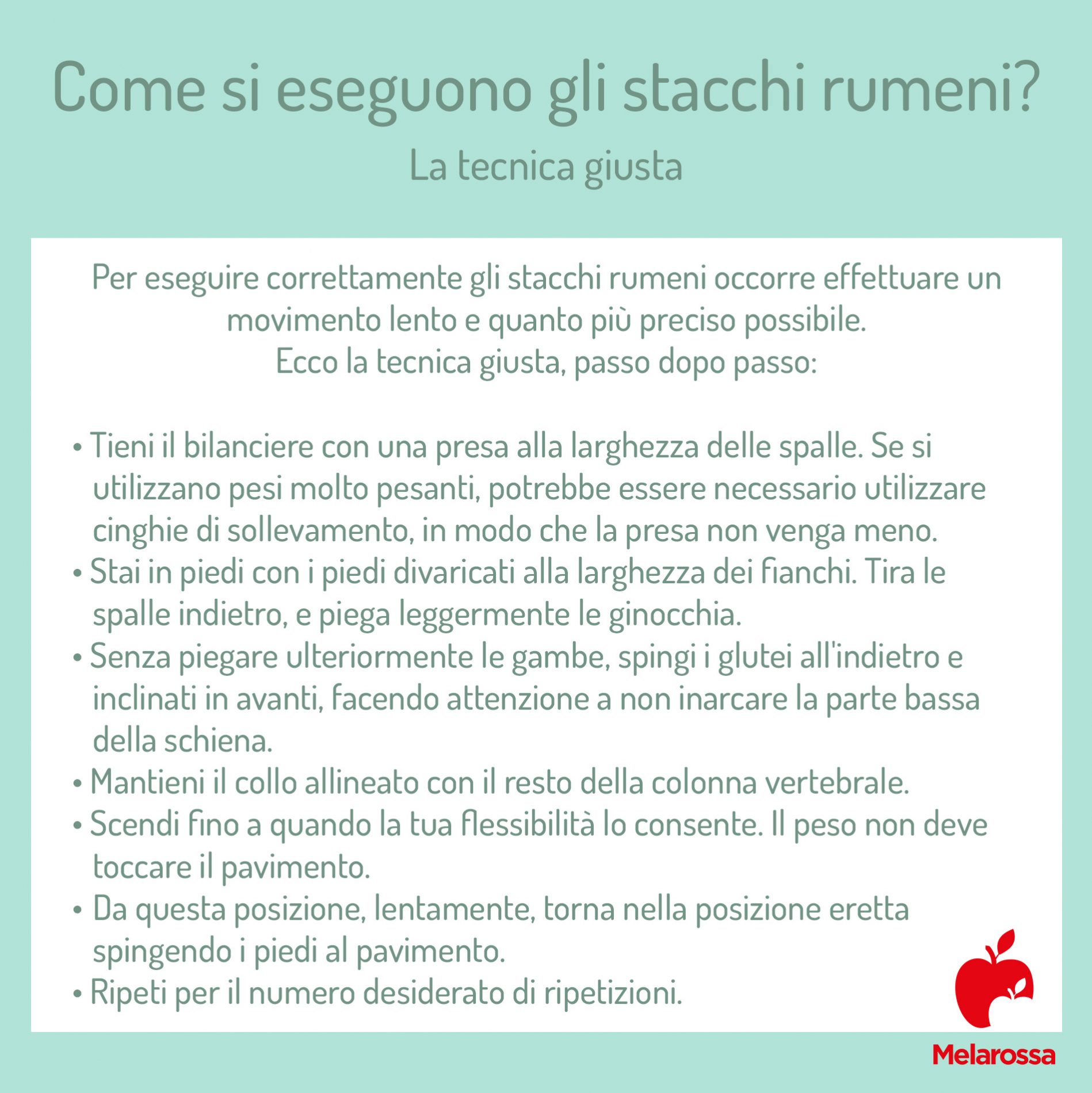 Stacchi rumeni: cosa sono, tecnica, errori da evitare, muscoli coinvolti, benefici e controindicazioni 2 Grafica con elenco di come eseguire correttamente gli stacchi rumeni
