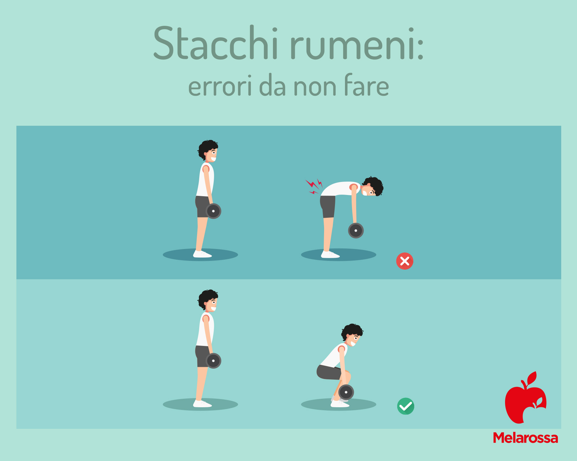 Stacchi rumeni: cosa sono, tecnica, errori da evitare, muscoli coinvolti, benefici e controindicazioni 3 illustrazione che fa vedere come eseguire gli stacchi rumeni e cosa non fare