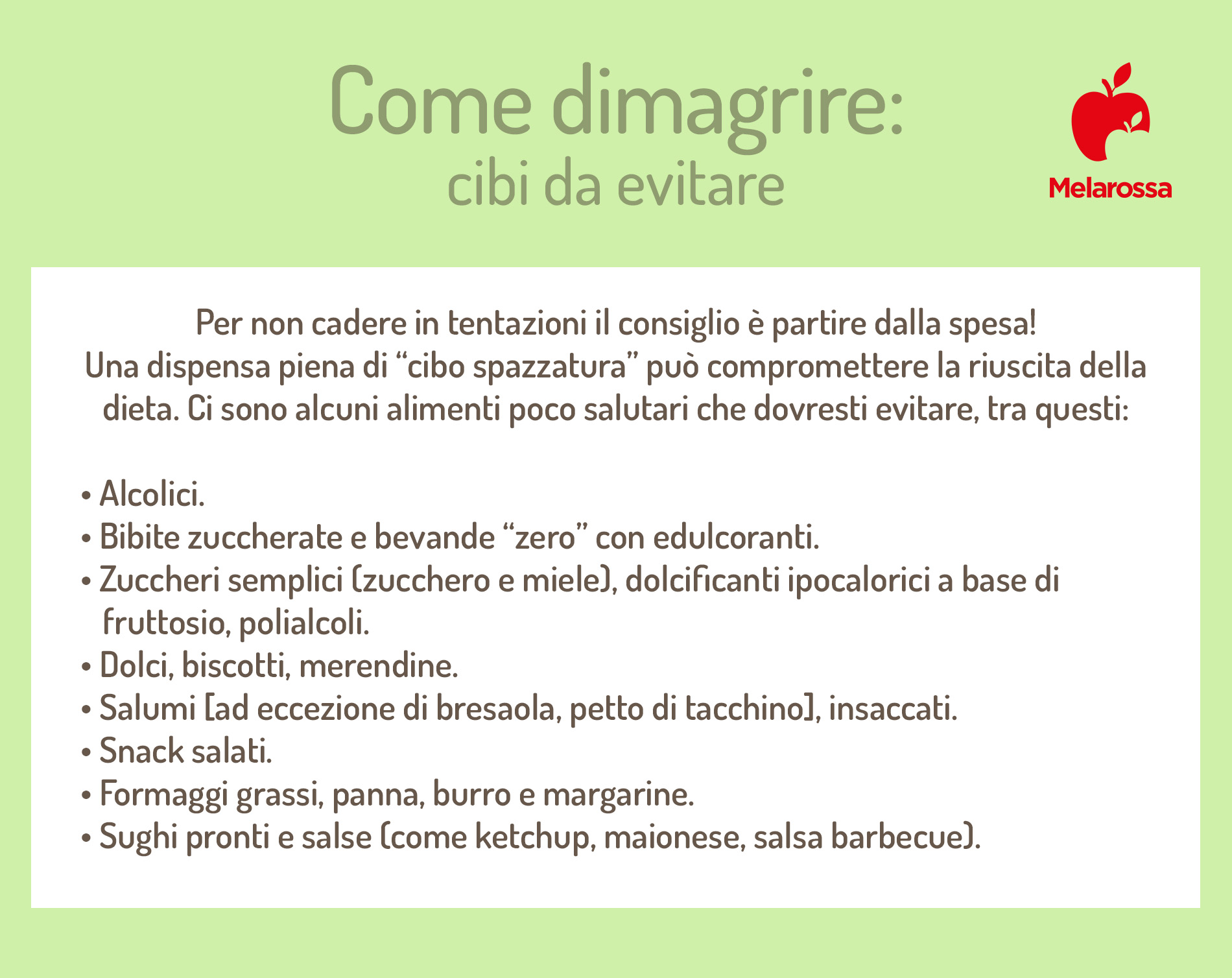 Come dimagrire: cosa mangiare e cosa evitare, esempio di menù dimagrante 3 grafica con logo melarossa che elenca come dimagrire, i cibi da evitare