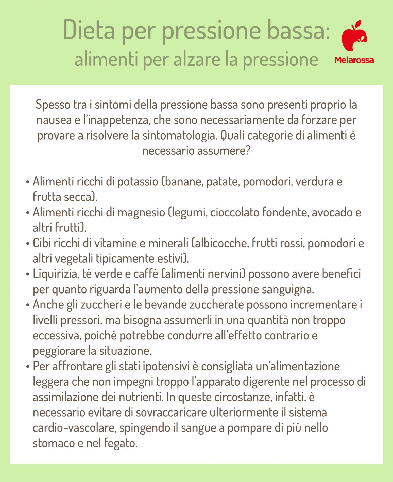 Pressione bassa: cosa mangiare e cosa evitare, esempio di menù settimanale 2 grafica sugli alimenti da mangiare per la pressione bassa