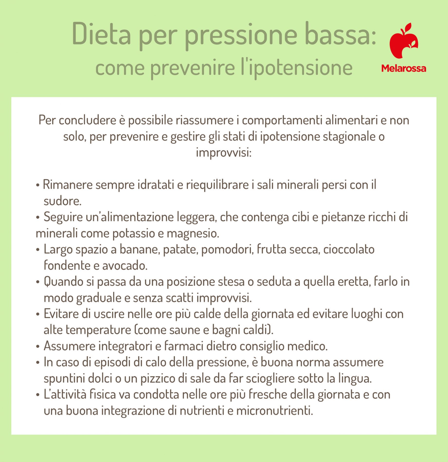 Pressione bassa: cosa mangiare e cosa evitare, esempio di menù settimanale 5 Grafica su cosa mangiare in caso di pressione bassa