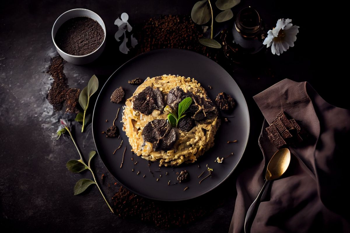 Risotto: ricette semplici e veloci, dai grandi classici alle versioni innovative 8 su base scura, piatto nero con risotto al tartufo