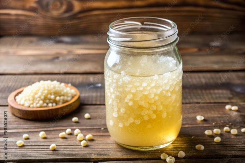 Kefir d'acqua: come farlo a casa e quali sono i benefici 3 un barattolo in vetro colmo di kefir d'acqua con i granuli