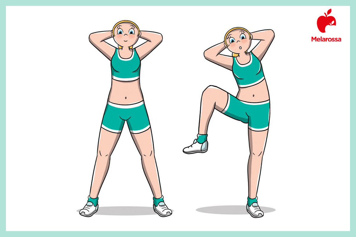 Snellire il girovita: cosa mangiare, allenamento e i migliori esercizi per una vita sottile 1 illustrazione di una donna in 2 posizioni che esegue crunch laterali in piedi per snellire il girovita