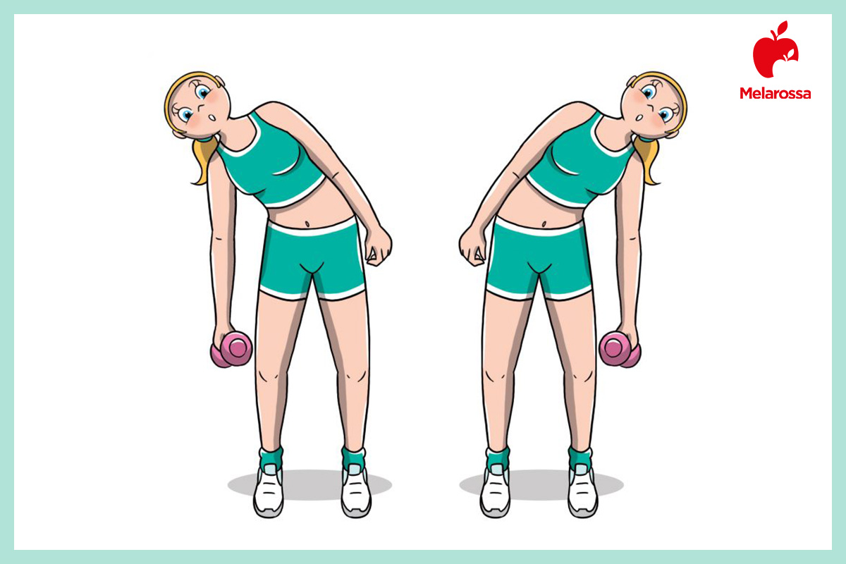 Snellire il girovita: cosa mangiare, allenamento e i migliori esercizi per una vita sottile 2 illustrazione di una donna che esegue un esercizio per allenare gli obliqui in piedi con i manubri per snellire il girovita
