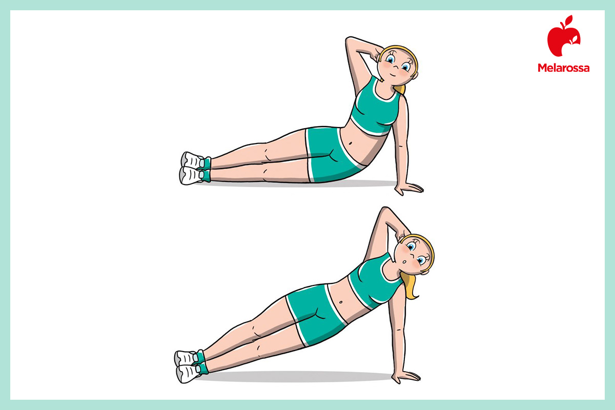 Snellire il girovita: cosa mangiare, allenamento e i migliori esercizi per una vita sottile 6 illustrazione di una donna che esegue un spiderman plank per snellire il girovita