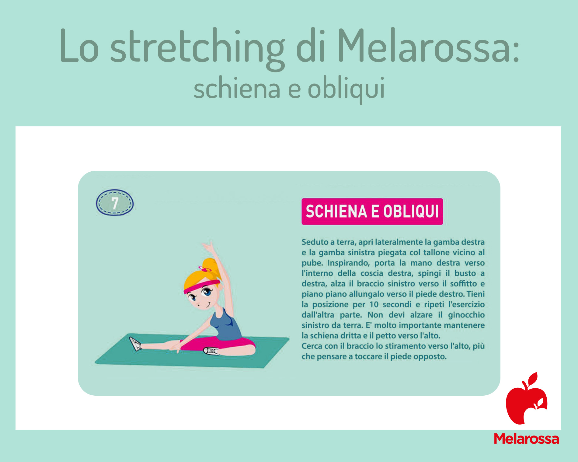 Stretching: che cos'è, benefici, i migliori esercizi per allungarti 3 illustrazione con una donna che fa un esercizio di stretching schiena e addominali su tappeto Yoga. a destra spiegazione della posizione e logo Melarossa