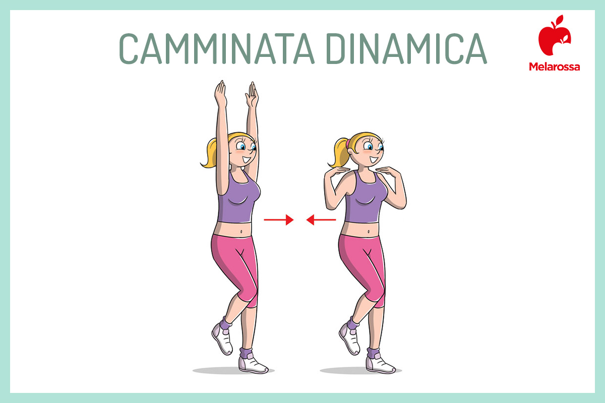Stretching: che cos'è, benefici, i migliori esercizi per allungarti 10 illustrazione di una donna che esegue la camminata un esercizio di stretching dinamico. in alto titolo e a destra logo Melarossa