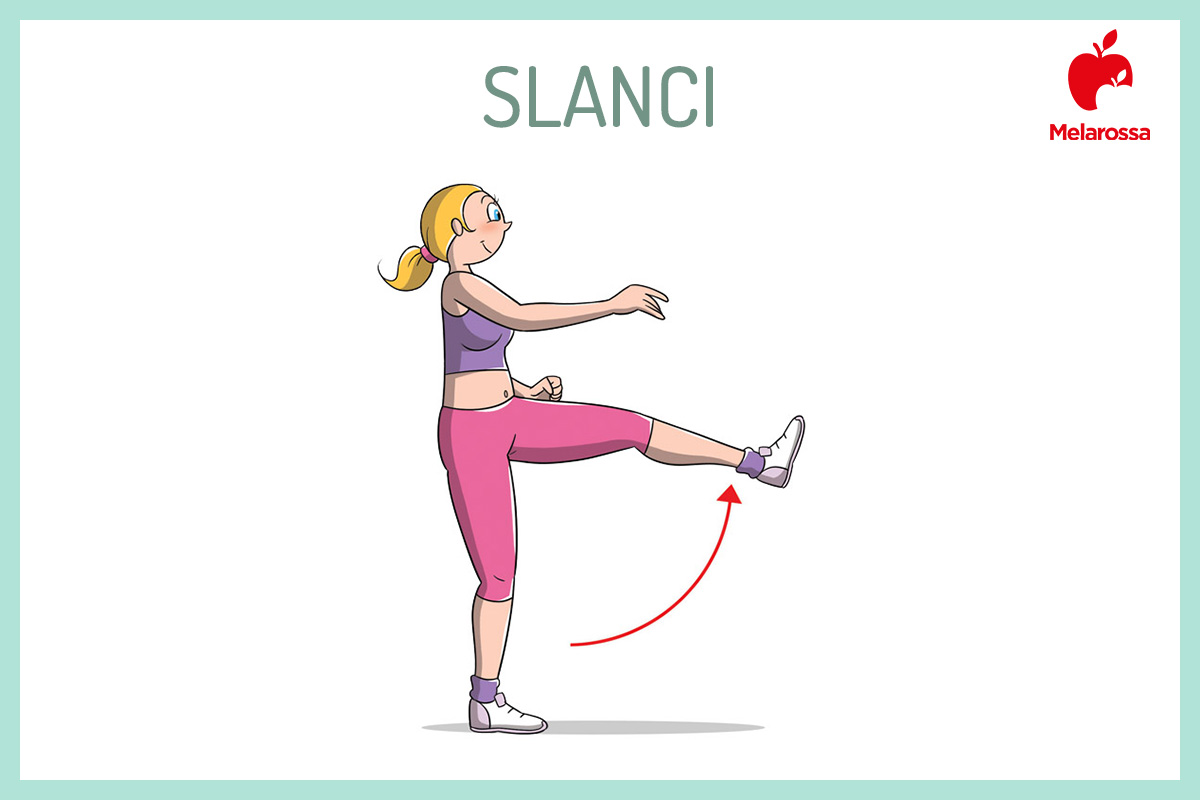 Stretching: che cos'è, benefici, i migliori esercizi per allungarti 11 Illustrazione di una donna in piedi che esegue una serie di slanci. Freccia che indica come farli. In alto titolo e a destra logo Melarossa