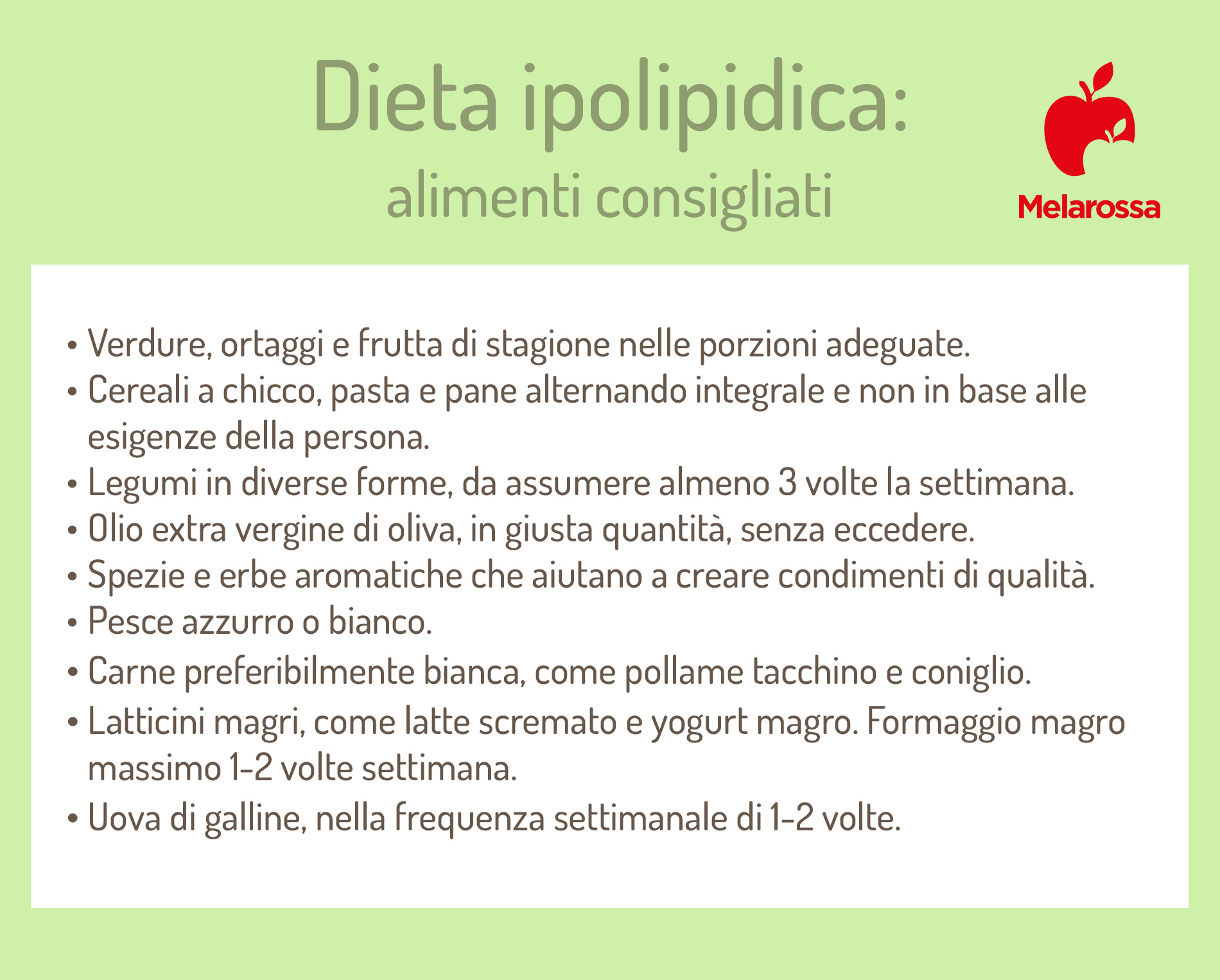 Dieta ipolipidica: che cos'è, come funziona, cosa mangiare, esempio di menù e limiti 1 grafica con liste degli alimenti che si posso mangiare in una dieta ipolipidica