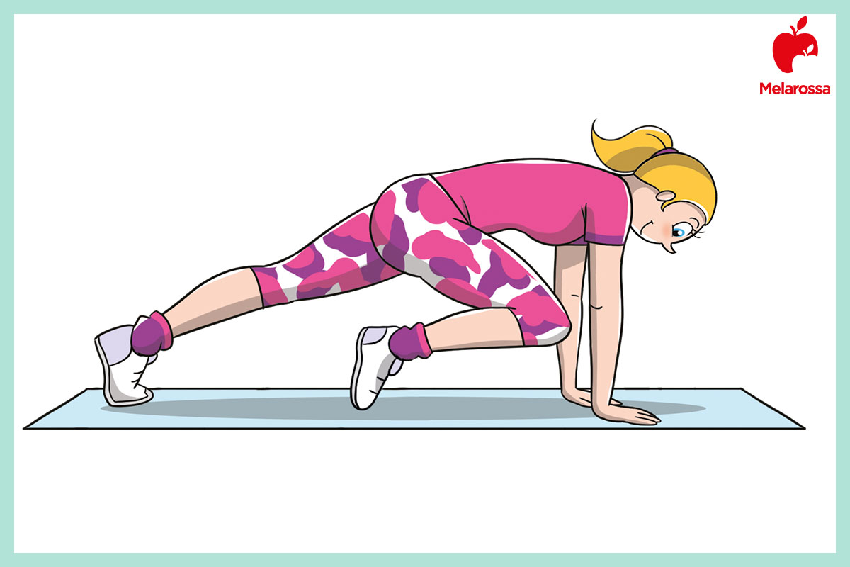 Pancia piatta: che sport fare, i migliori esercizi e cosa mangiare 3 Grafica che illustra il mountain climber: esercizio dinamico per ottenere una pancia piatta, rafforzare il core e migliorare la resistenza cardiovascolare