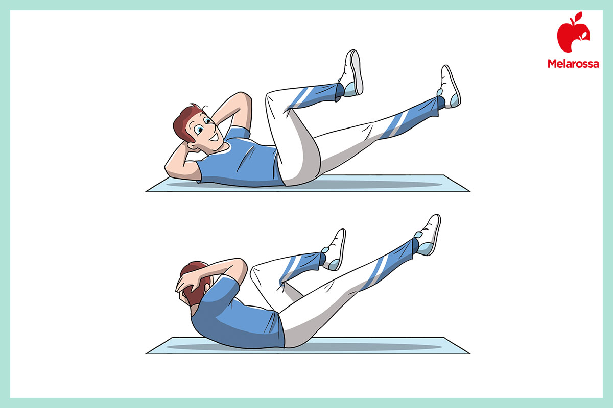 Pancia piatta: che sport fare, i migliori esercizi e cosa mangiare 4 Grafica che illustra il bicycle crunch: esercizio efficace per ottenere una pancia piatta, attivare gli addominali obliqui e migliorare la coordinazione