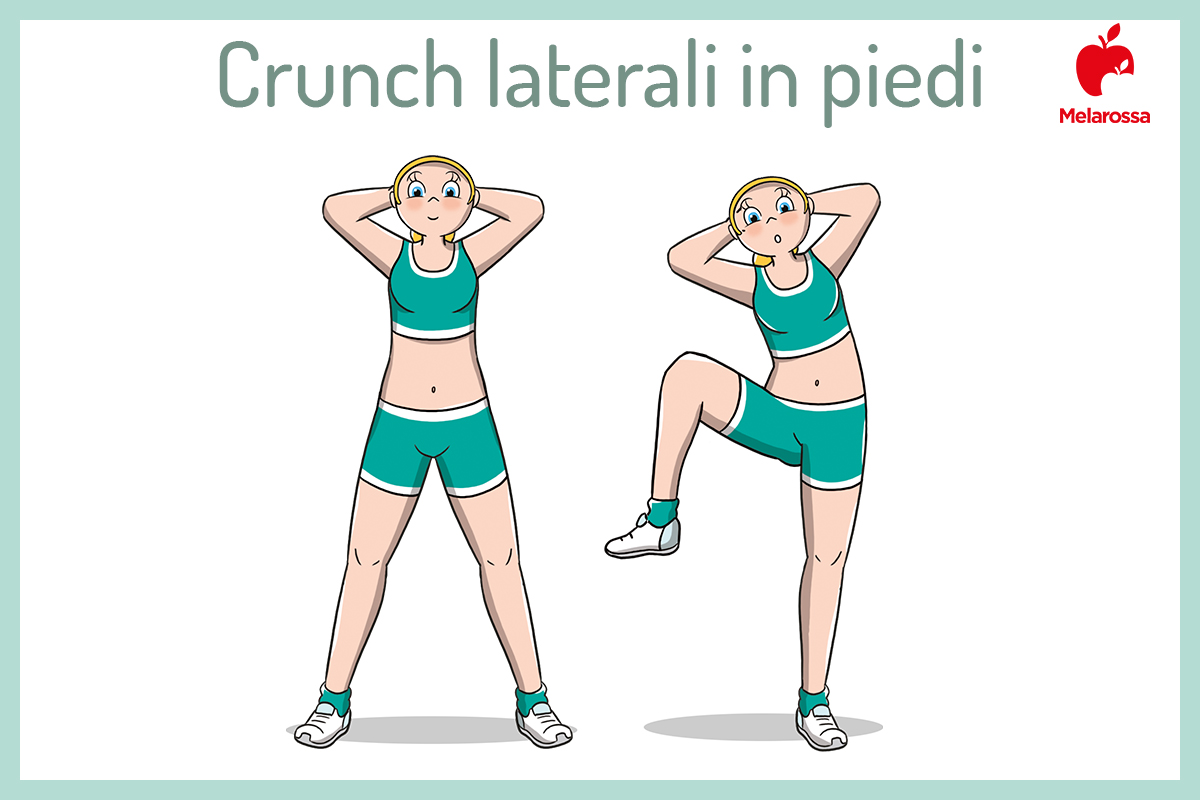 Pancia piatta: che sport fare, i migliori esercizi e cosa mangiare 2 Grafica che illustra i crunch in piedi laterali: esercizio utile per ottenere una pancia piatta, allenare gli addominali obliqui e migliorare l’equilibrio