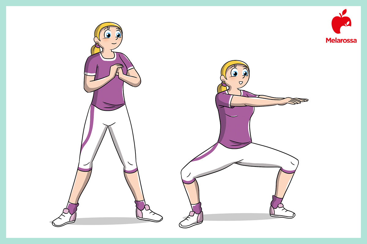 Adduttori: anatomia, a cosa servono, stretching ed esercizi 6 Illustrazione che fa vedere come eseguire un sumo squat per tonificare gli adduttori