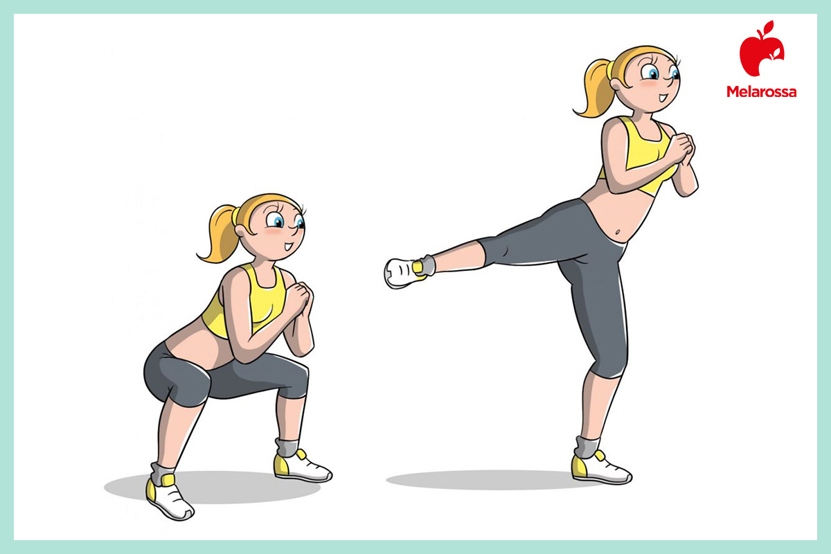 Allenamento a corpo libero: esercizi total body per bruciare calorie 6 Illustrazione di side kick squat per allenamento a corpo libero con squat e slancio laterale della gamba.