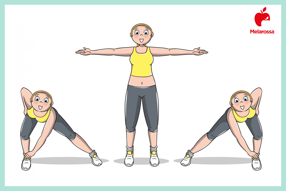 Allenamento a corpo libero: esercizi total body per bruciare calorie 4 Illustrazione di side lunge touch per allenamento a corpo libero con affondo laterale e tocco del piede.