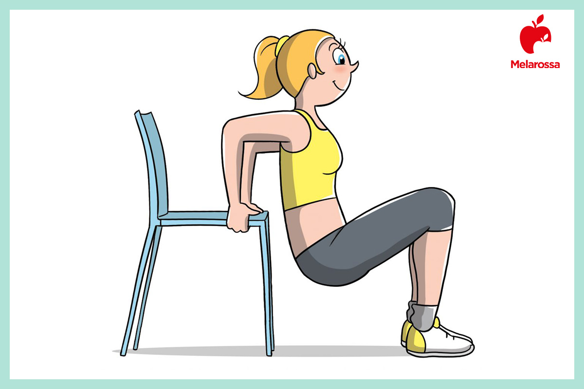 Allenamento a corpo libero: esercizi total body per bruciare calorie 5 Illustrazione di triceps dip su sedia per allenamento a corpo libero con appoggio delle braccia.