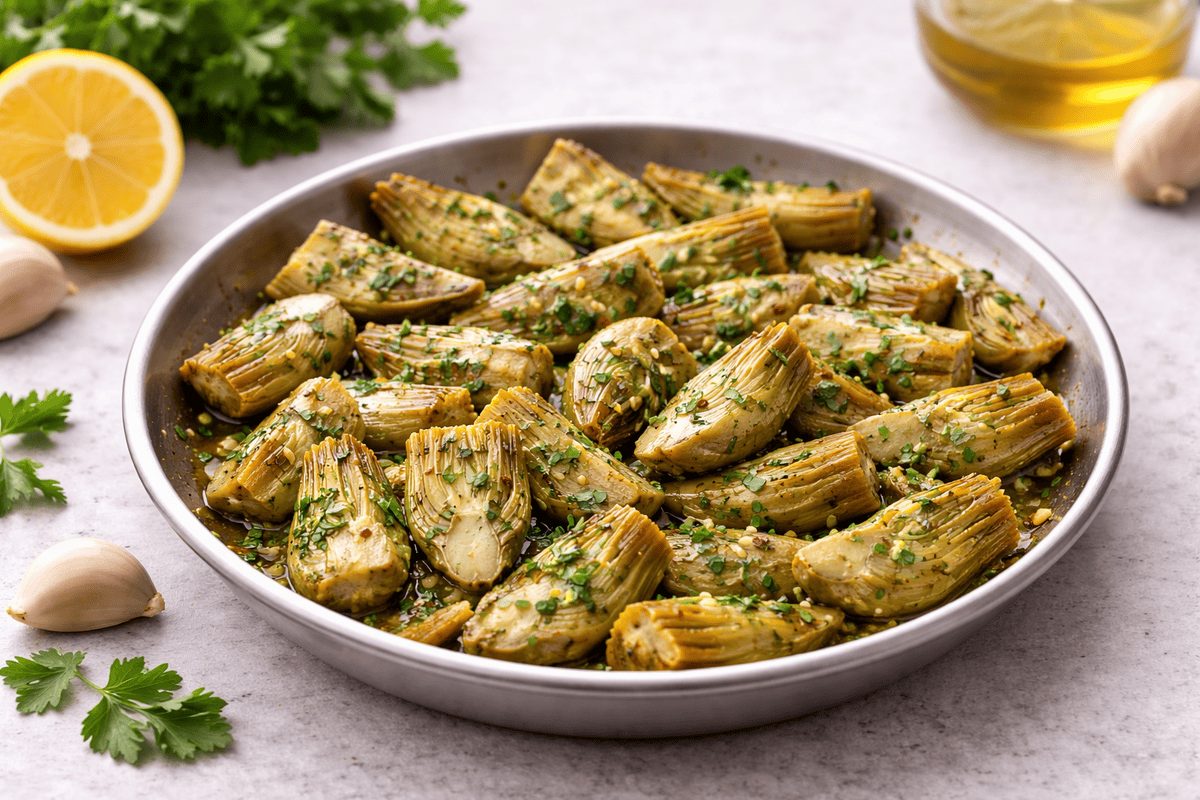 In primo piano in un piatto fondo ci sono dei carciofi trifolati conditi con del prezzemolo e del peperoncino. Sullo sfondo degli spicchi d'aglio, olio evo e prezzemolo.