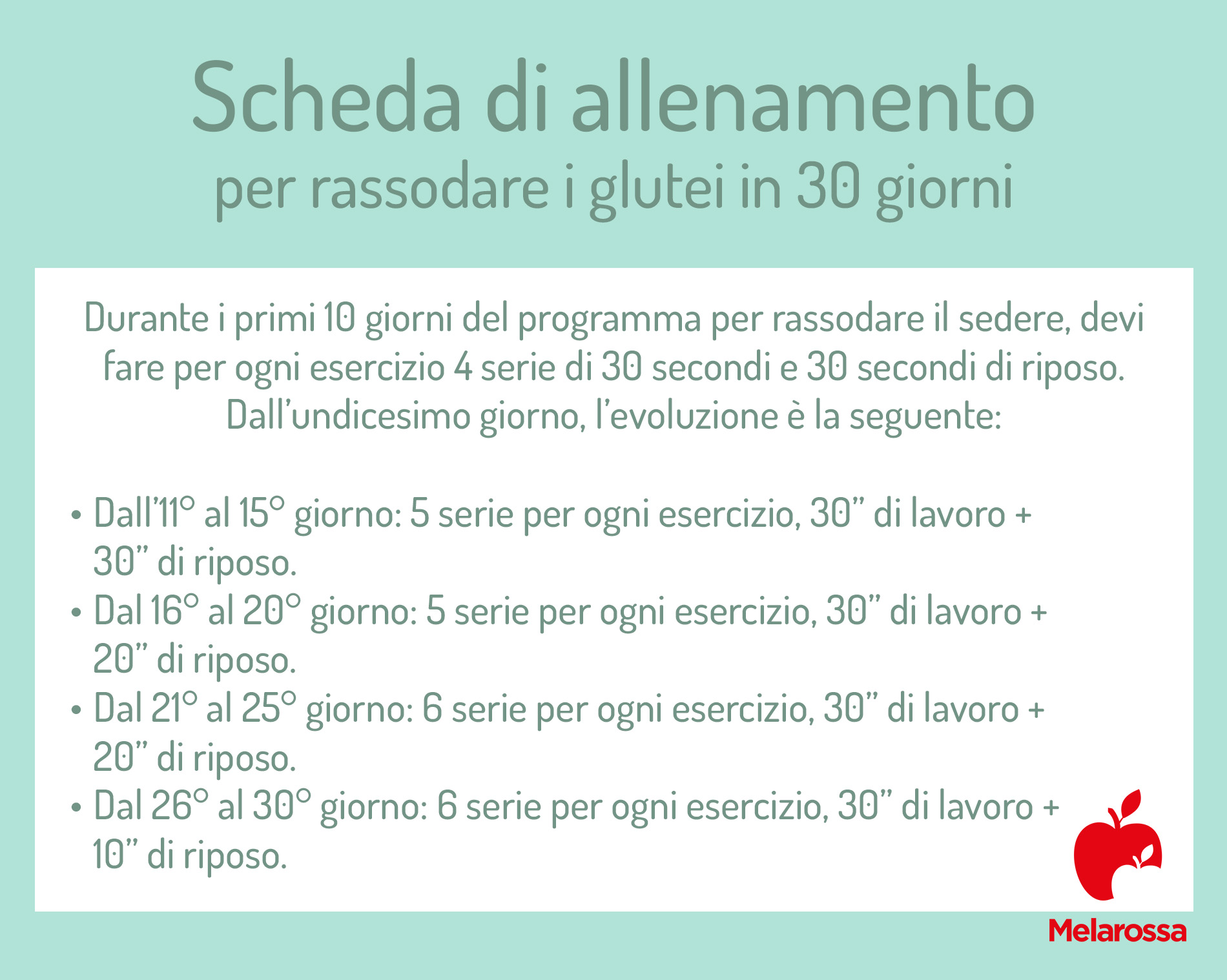 Esercizi glutei: il programma per tonificarli in 30 giorni 3 grafica di una scheda di allenamento per glutei per avere un sedere sodo, come eseguire gli esercizi per 30 giorni