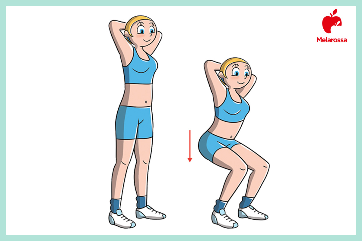 Esercizi glutei: il programma per tonificarli in 30 giorni 8 esercizi glutei: grafica di una persona che esegue uno squat