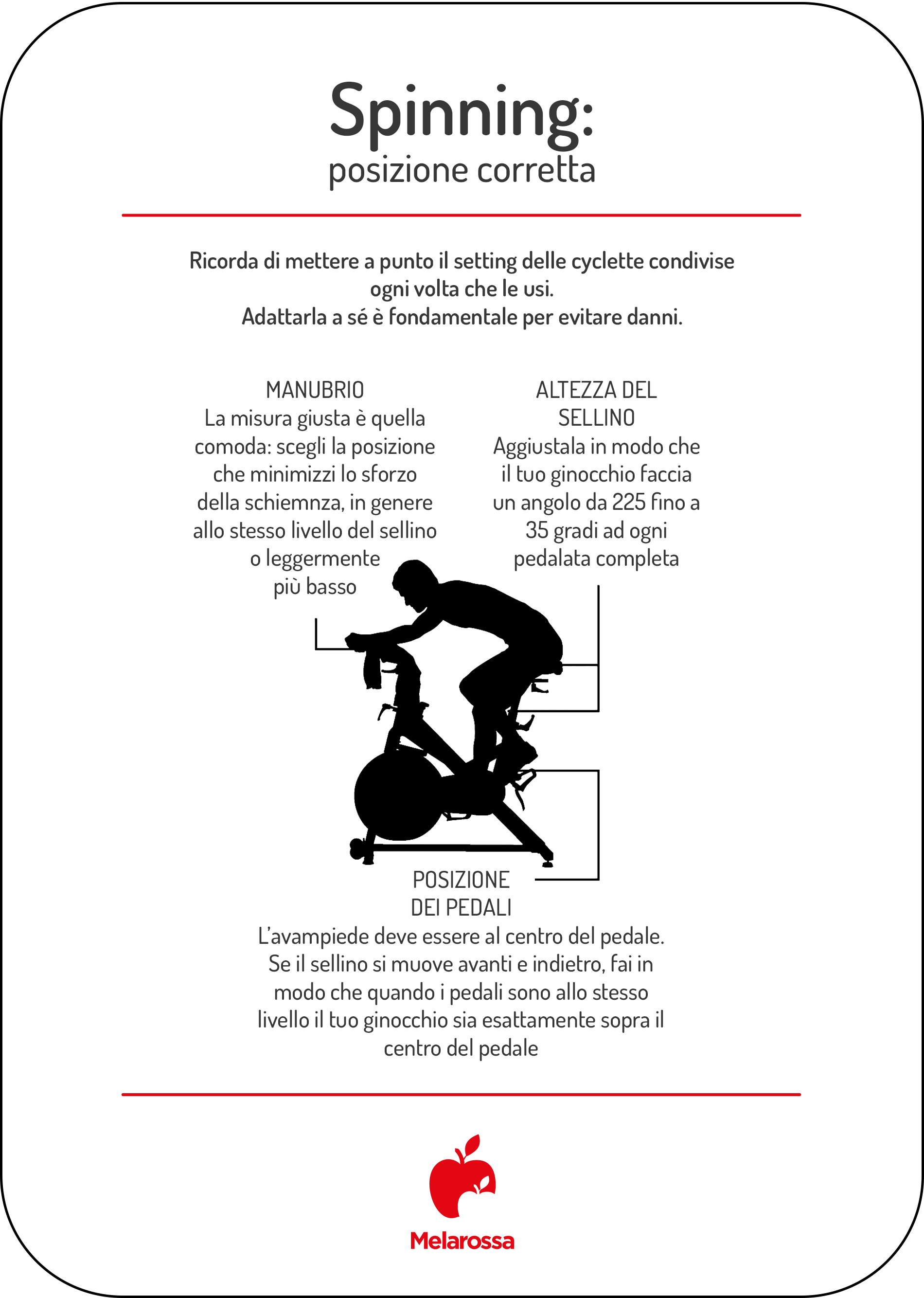 Spinning: cos'è, come fare indoor cycling, benefici e programmi di allenamento 2 Infografica che illustra quale è la posizione corretta da assumere sulla spin bike durante una lezione di spinning sia a casa che in palestra.