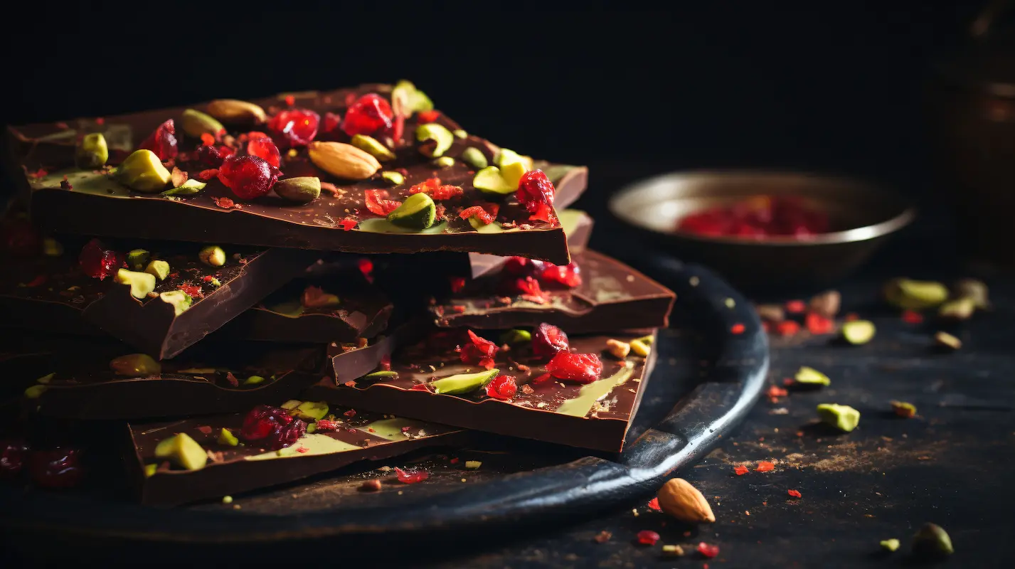 Le bacche di goji: cosa sono, proprietà, benefici, controindicazioni, come mangiarle, ricette 3 Alcuni pezzi di cioccolata con pistacchi e bacche di goji