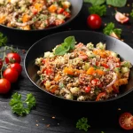 Tabuleh: la ricetta orientale a base di bulgur 1 su tavolo di legno ciotola con tabuleh e attorno gli ingredienti pomodori, erbe aromatiche e pomodori