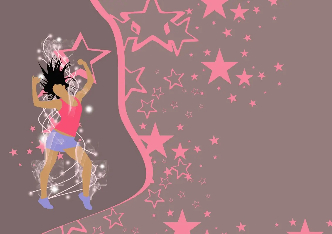 Zumba: che cos’è, come si svolge una lezione, benefici e controindicazioni 7 Grafica che fa vedere una donna che salta durante un corso di zumba , sulla destra le stelle della musica zumba