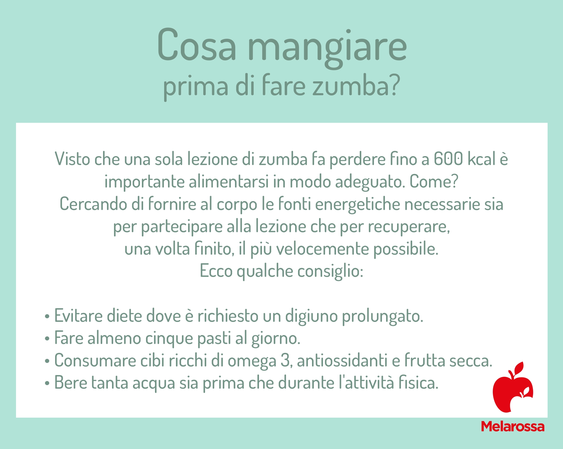Zumba: che cos’è, come si svolge una lezione, benefici e controindicazioni 9 Grafica che elenca cosa mangiare prima di un corso di zumba