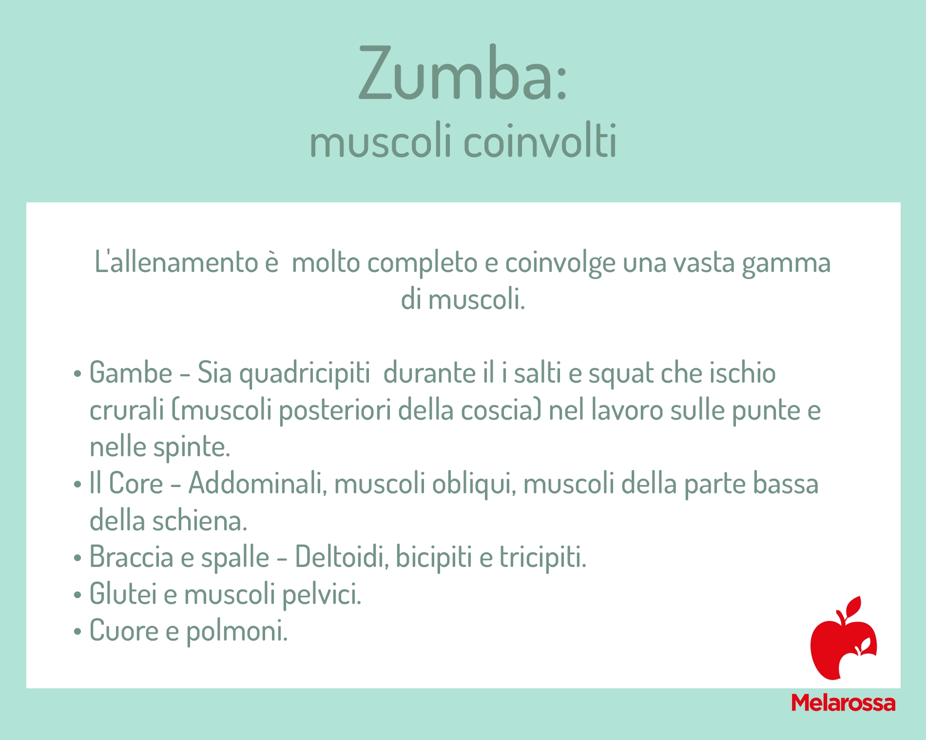 Zumba: che cos’è, come si svolge una lezione, benefici e controindicazioni 3 Grafica che elenca i muscoli coinvolti durante una lezione di zumba