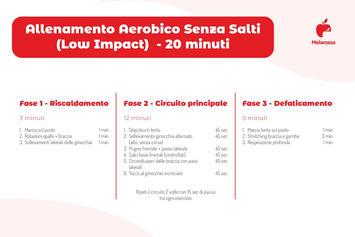 Aerobica: esercizi, benefici, PDF allenamento low impatto e video lezioni 2 grafica che illustra gli esercizi di aerobica per un allenamento senza salti suddivisi nella fase di riscaldamento, circuito e defaticamento