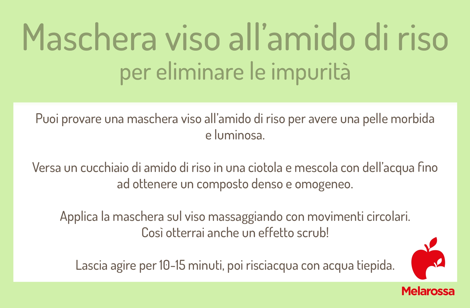 Amido di riso: a cosa serve, usi in cucina e in cosmesi 3 grafica su come fare una maschera viso all'amido di riso