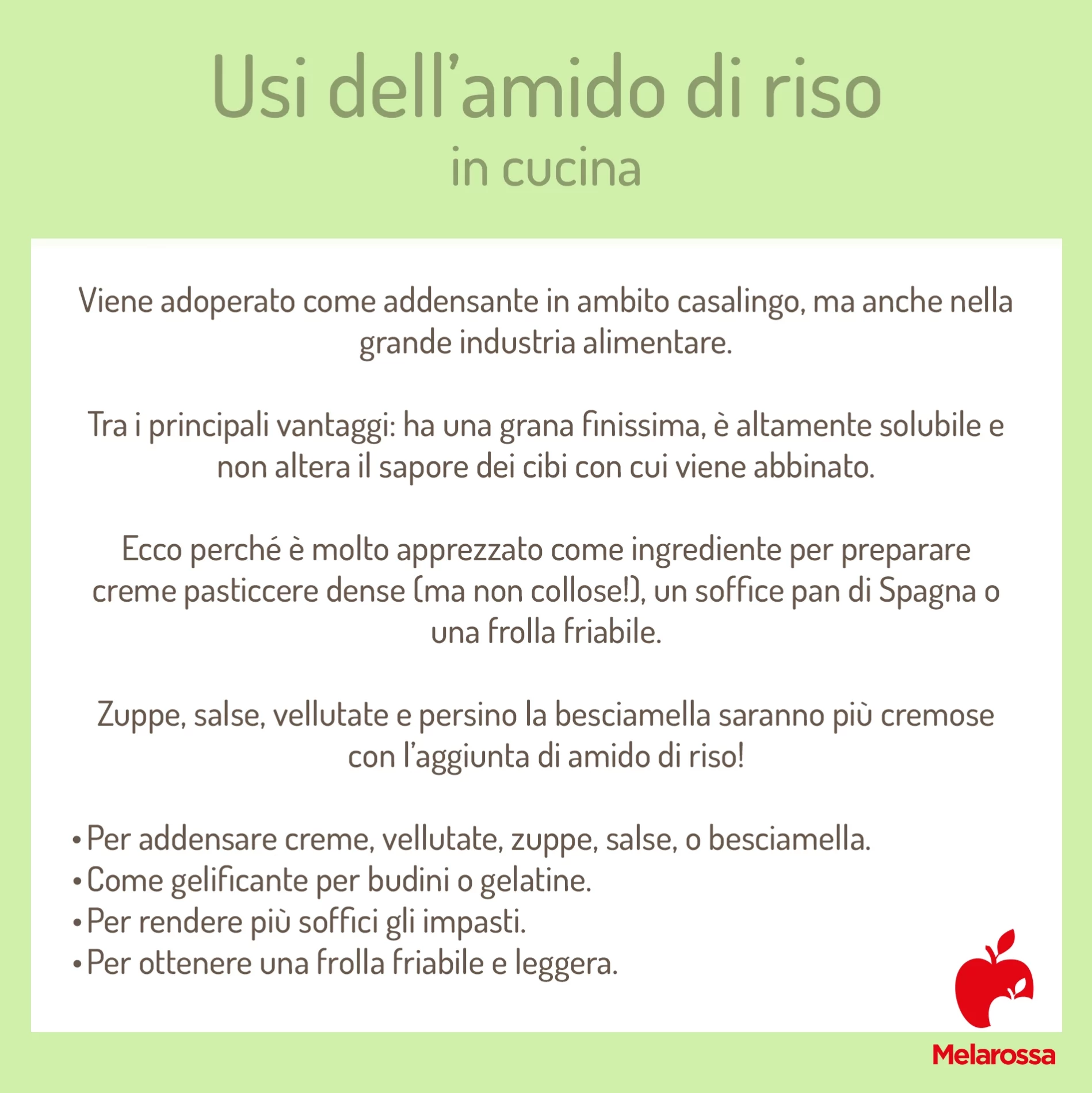 Amido di riso: a cosa serve, usi in cucina e in cosmesi 2 grafica sugli usi dell'amido di riso in cucina
