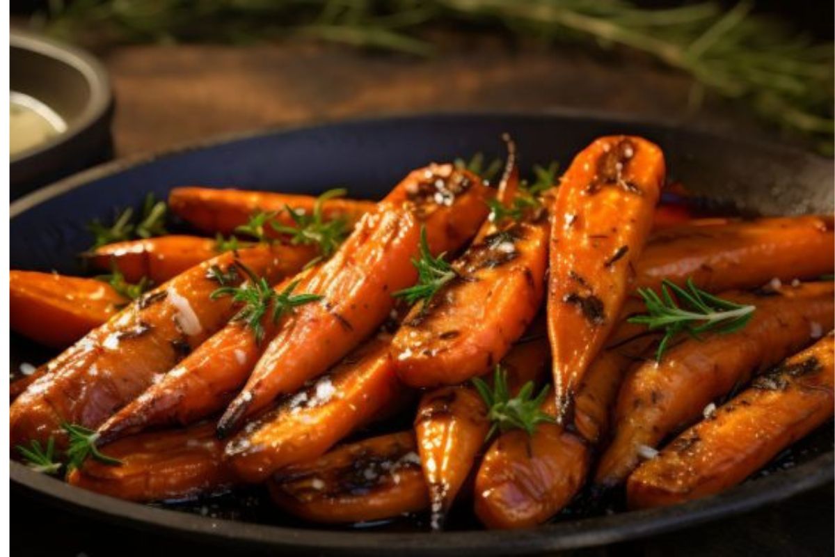 Cosa mangio stasera: idee per cena pronte in pochi minuti 4 ampio piatto scuro con carote in padella con erbe aromatiche